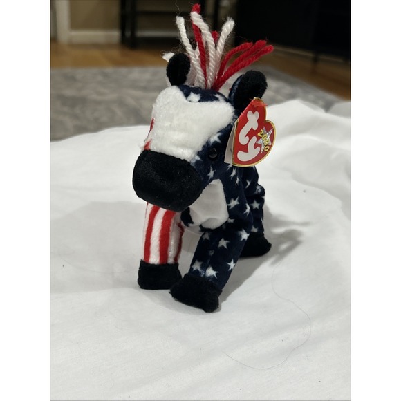 TY Beanie Baby Lefty 2000 Donkey Democrat 4th July Birthday MWMT Red White Blue
